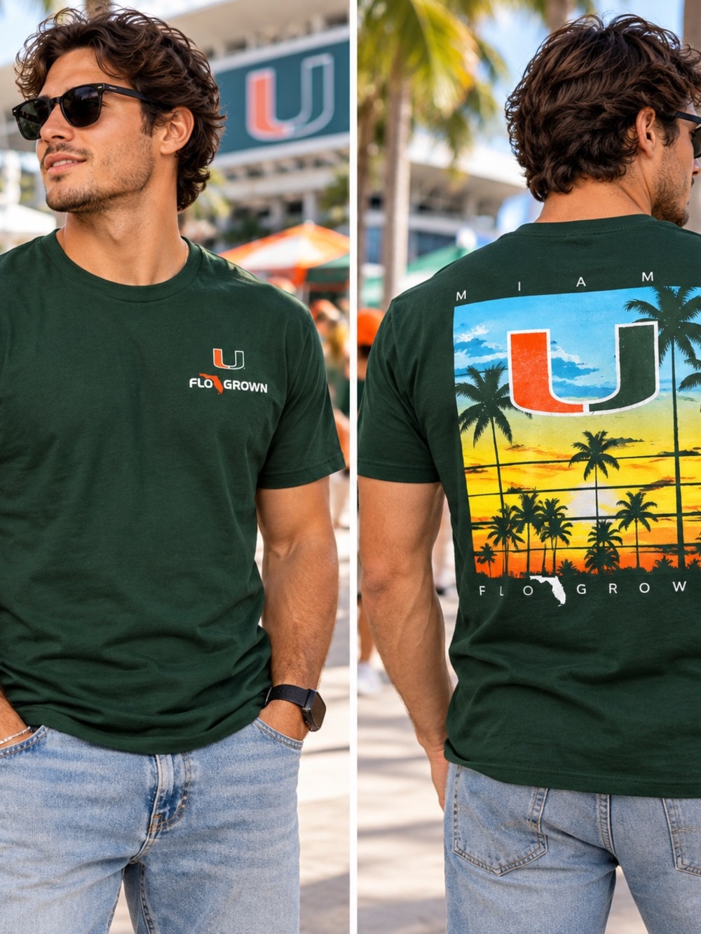 FloGrown Miami Hurricanes Sunset Poster Green Graphic Tee Men’s L
